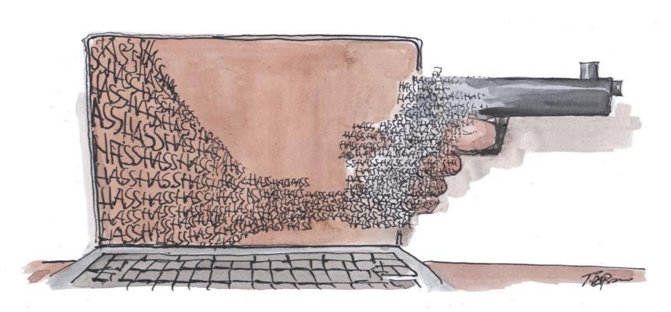 Laptopbildschirm, aus dem Wörter "Hass" eine Hand mit Pistole formen